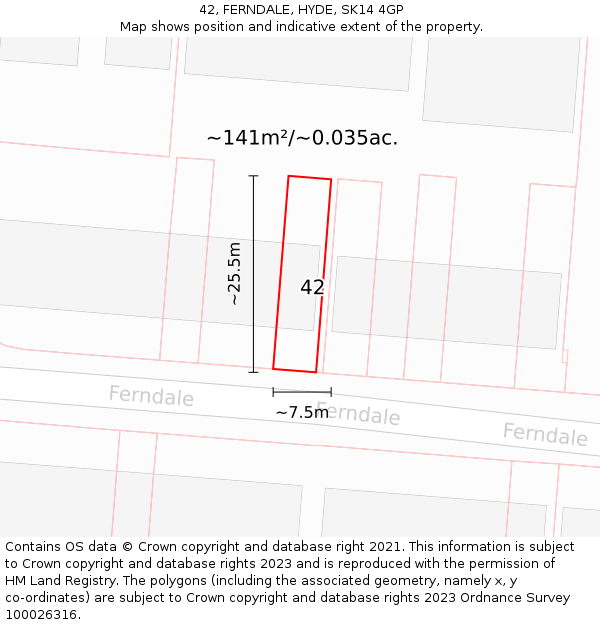 42, FERNDALE, HYDE, SK14 4GP: Plot and title map