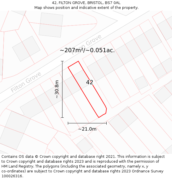 42, FILTON GROVE, BRISTOL, BS7 0AL: Plot and title map