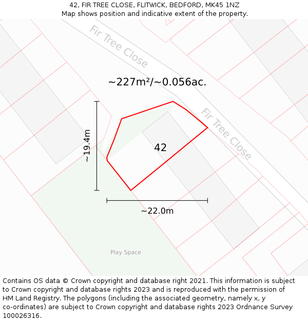 42, FIR TREE CLOSE, FLITWICK, BEDFORD, MK45 1NZ: Plot and title map