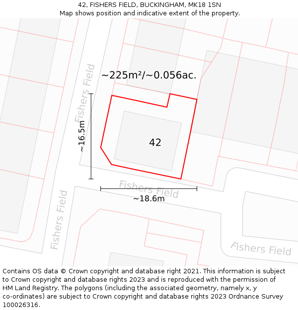 42, FISHERS FIELD, BUCKINGHAM, MK18 1SN: Plot and title map