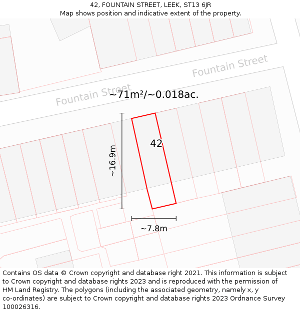 42, FOUNTAIN STREET, LEEK, ST13 6JR: Plot and title map