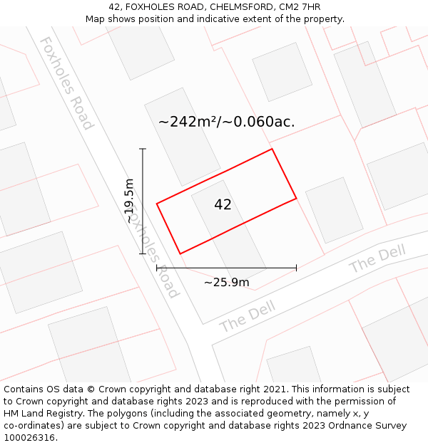 42, FOXHOLES ROAD, CHELMSFORD, CM2 7HR: Plot and title map