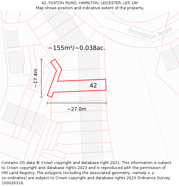 42, FOXTON ROAD, HAMILTON, LEICESTER, LE5 1AY: Plot and title map