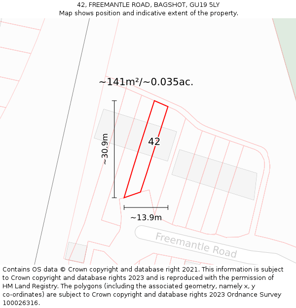 42, FREEMANTLE ROAD, BAGSHOT, GU19 5LY: Plot and title map