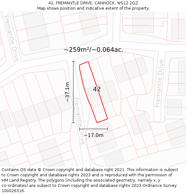 42, FREMANTLE DRIVE, CANNOCK, WS12 2GZ: Plot and title map