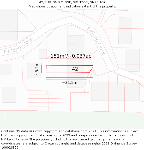 42, FURLONG CLOSE, SWINDON, SN25 1QP: Plot and title map