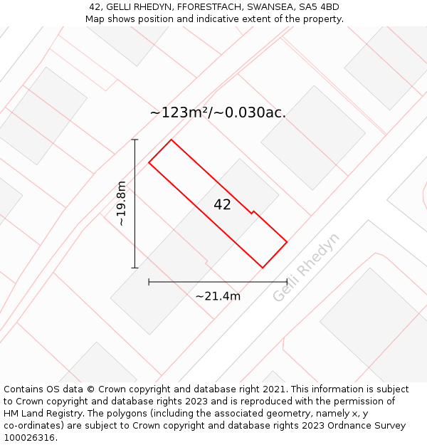 42, GELLI RHEDYN, FFORESTFACH, SWANSEA, SA5 4BD: Plot and title map