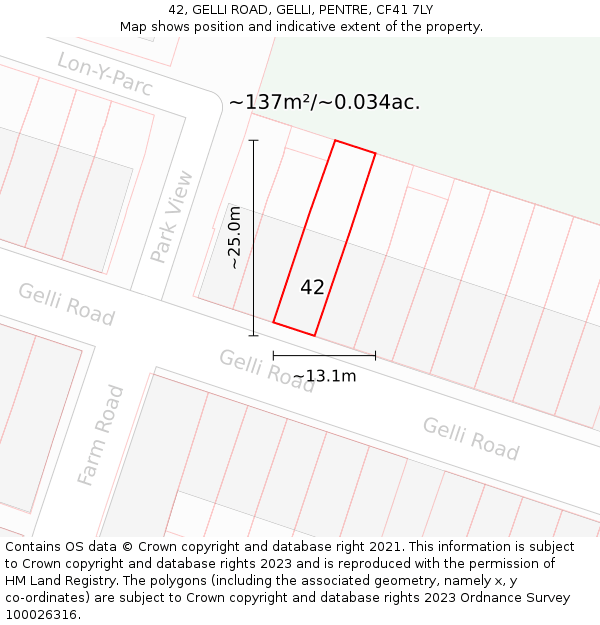 42, GELLI ROAD, GELLI, PENTRE, CF41 7LY: Plot and title map