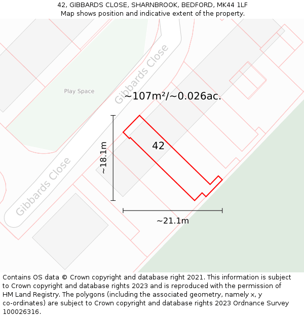 42, GIBBARDS CLOSE, SHARNBROOK, BEDFORD, MK44 1LF: Plot and title map