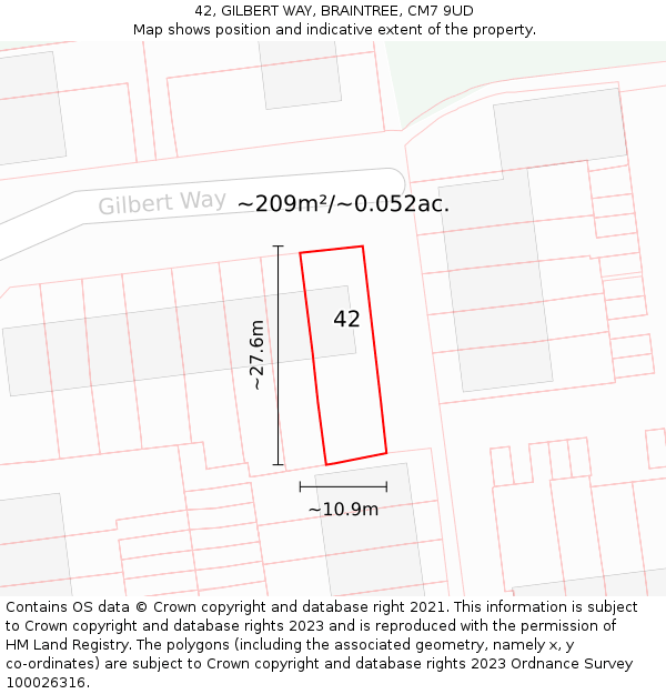 42, GILBERT WAY, BRAINTREE, CM7 9UD: Plot and title map