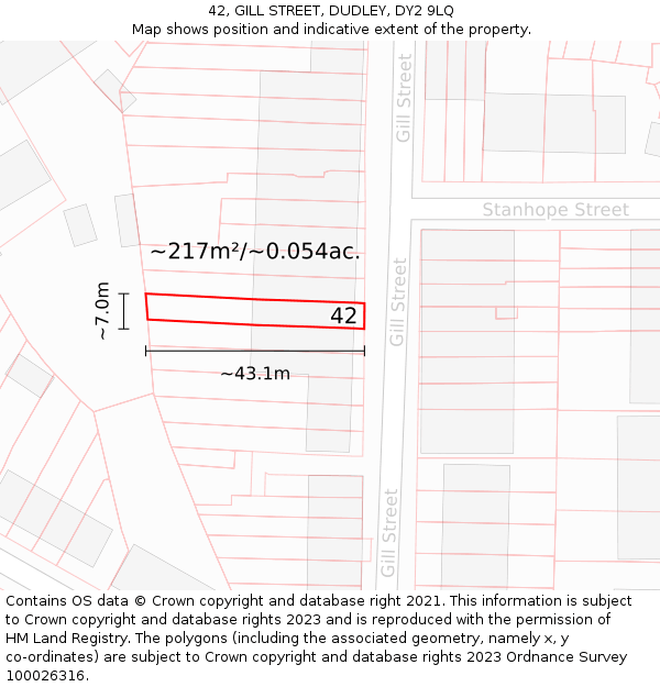 42, GILL STREET, DUDLEY, DY2 9LQ: Plot and title map