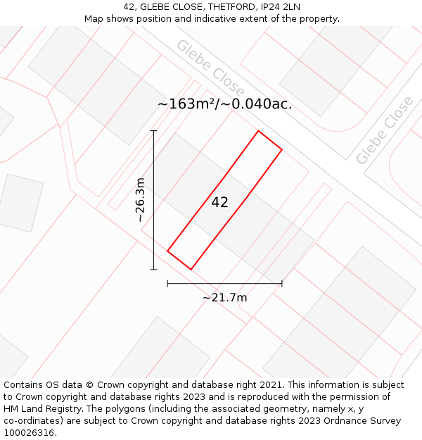 42, GLEBE CLOSE, THETFORD, IP24 2LN: Plot and title map