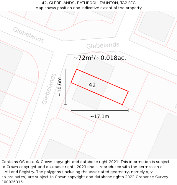 42, GLEBELANDS, BATHPOOL, TAUNTON, TA2 8FG: Plot and title map
