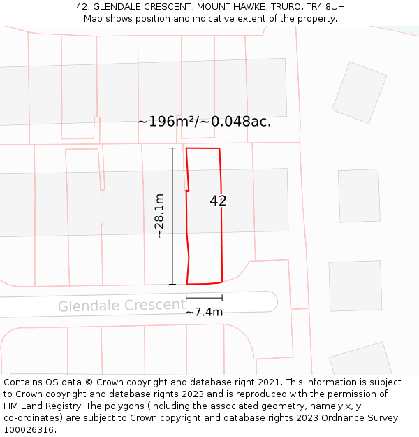 42, GLENDALE CRESCENT, MOUNT HAWKE, TRURO, TR4 8UH: Plot and title map