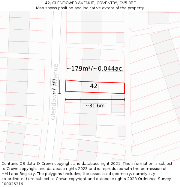 42, GLENDOWER AVENUE, COVENTRY, CV5 8BE: Plot and title map