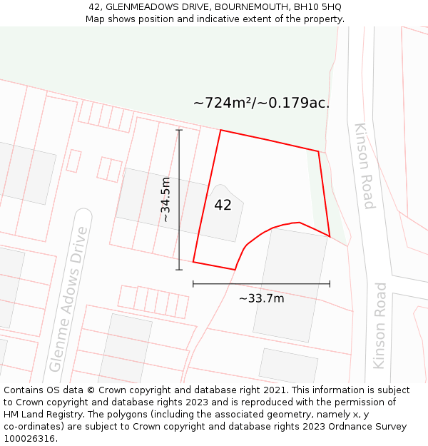 42, GLENMEADOWS DRIVE, BOURNEMOUTH, BH10 5HQ: Plot and title map