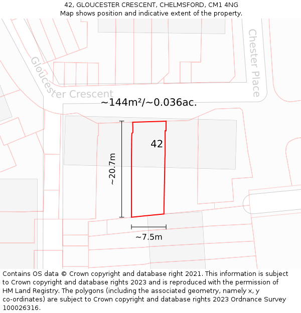 42, GLOUCESTER CRESCENT, CHELMSFORD, CM1 4NG: Plot and title map