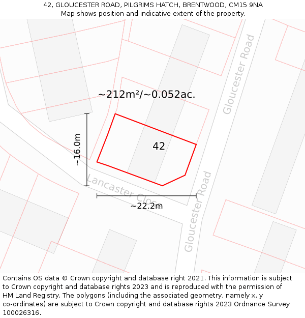 42, GLOUCESTER ROAD, PILGRIMS HATCH, BRENTWOOD, CM15 9NA: Plot and title map