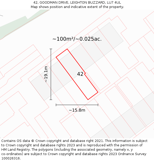 42, GOODMAN DRIVE, LEIGHTON BUZZARD, LU7 4UL: Plot and title map