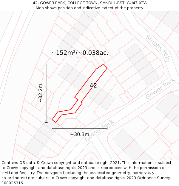 42, GOWER PARK, COLLEGE TOWN, SANDHURST, GU47 0ZA: Plot and title map