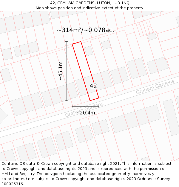 42, GRAHAM GARDENS, LUTON, LU3 1NQ: Plot and title map