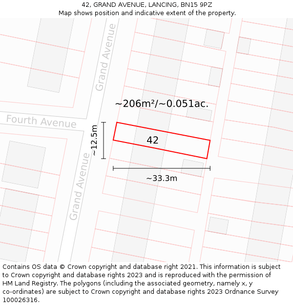 42, GRAND AVENUE, LANCING, BN15 9PZ: Plot and title map