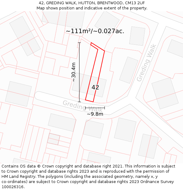 42, GREDING WALK, HUTTON, BRENTWOOD, CM13 2UF: Plot and title map