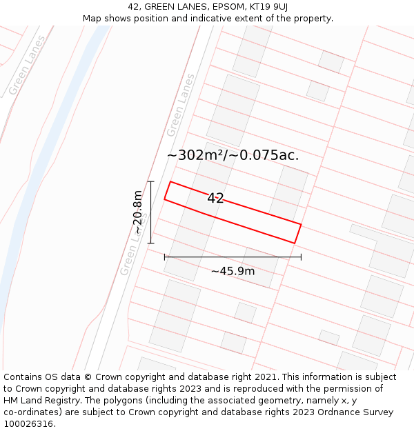 42, GREEN LANES, EPSOM, KT19 9UJ: Plot and title map