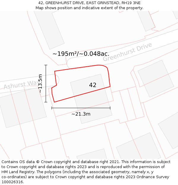42, GREENHURST DRIVE, EAST GRINSTEAD, RH19 3NE: Plot and title map