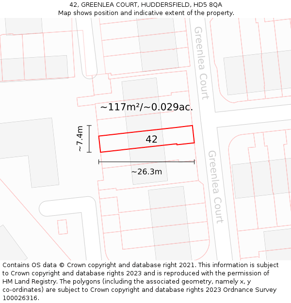 42, GREENLEA COURT, HUDDERSFIELD, HD5 8QA: Plot and title map