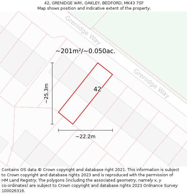 42, GRENIDGE WAY, OAKLEY, BEDFORD, MK43 7SF: Plot and title map