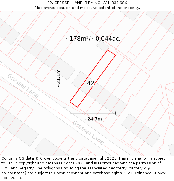 42, GRESSEL LANE, BIRMINGHAM, B33 9SX: Plot and title map
