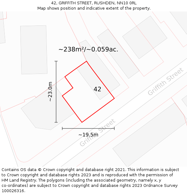 42, GRIFFITH STREET, RUSHDEN, NN10 0RL: Plot and title map