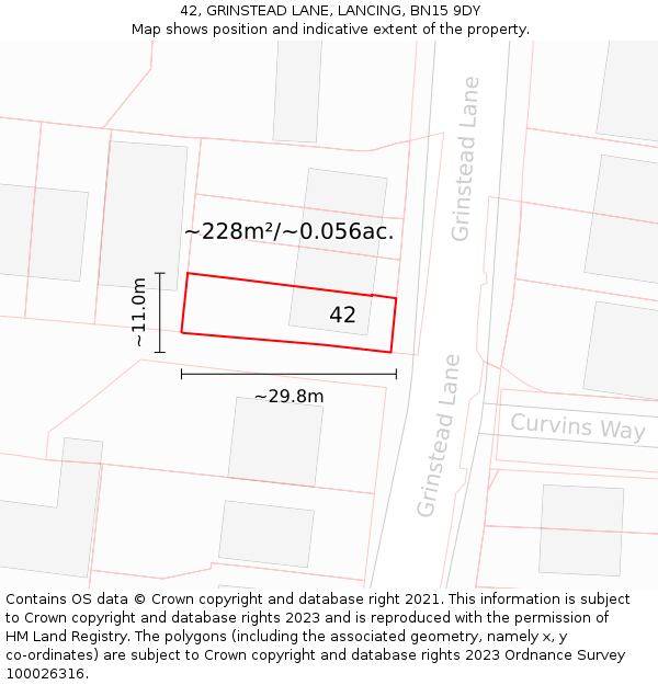 42, GRINSTEAD LANE, LANCING, BN15 9DY: Plot and title map