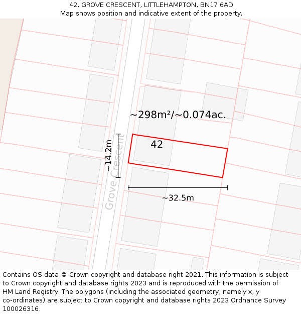 42, GROVE CRESCENT, LITTLEHAMPTON, BN17 6AD: Plot and title map
