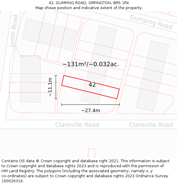 42, GUMPING ROAD, ORPINGTON, BR5 1RX: Plot and title map