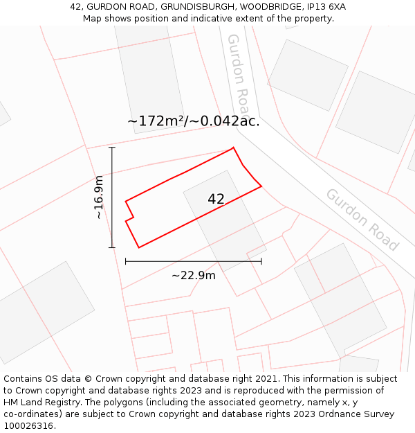 42, GURDON ROAD, GRUNDISBURGH, WOODBRIDGE, IP13 6XA: Plot and title map