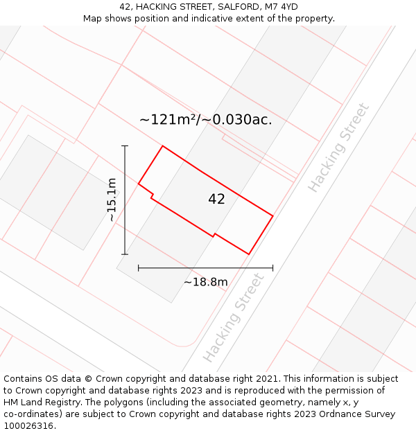 42, HACKING STREET, SALFORD, M7 4YD: Plot and title map