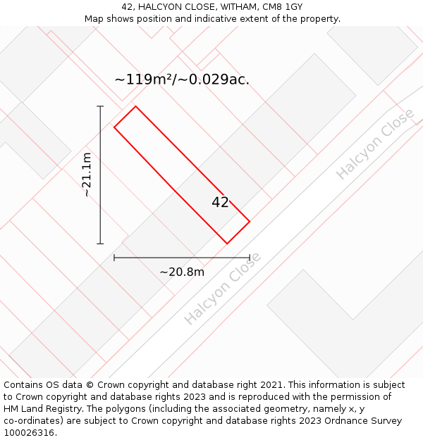42, HALCYON CLOSE, WITHAM, CM8 1GY: Plot and title map