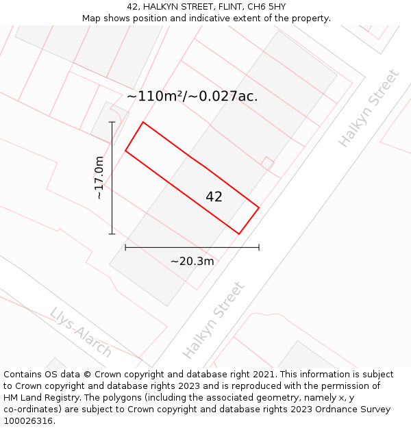 42, HALKYN STREET, FLINT, CH6 5HY: Plot and title map