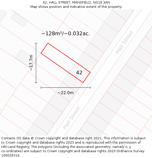 42, HALL STREET, MANSFIELD, NG18 3AN: Plot and title map
