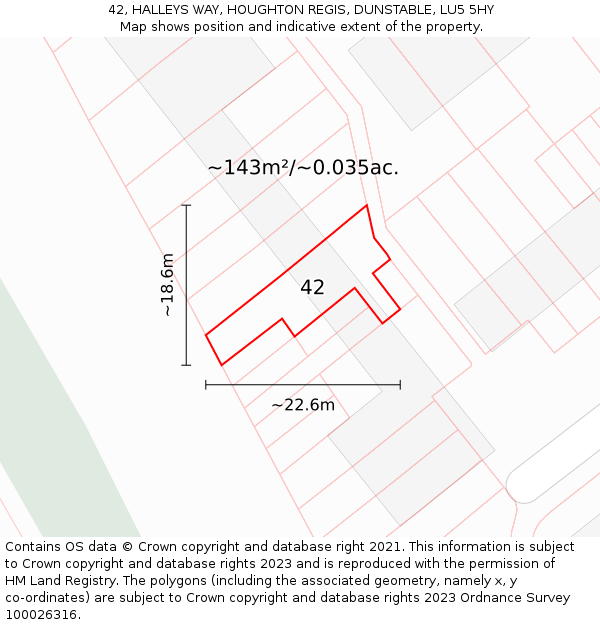 42, HALLEYS WAY, HOUGHTON REGIS, DUNSTABLE, LU5 5HY: Plot and title map