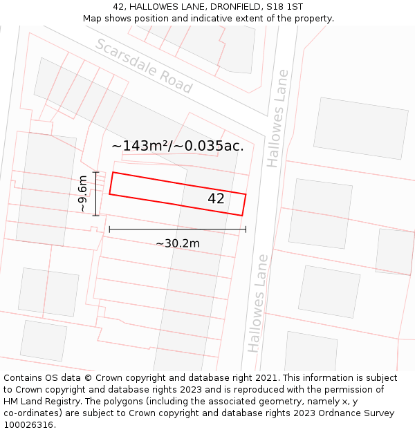 42, HALLOWES LANE, DRONFIELD, S18 1ST: Plot and title map