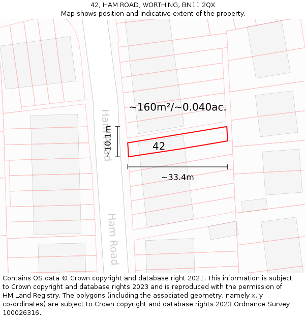 42, HAM ROAD, WORTHING, BN11 2QX: Plot and title map