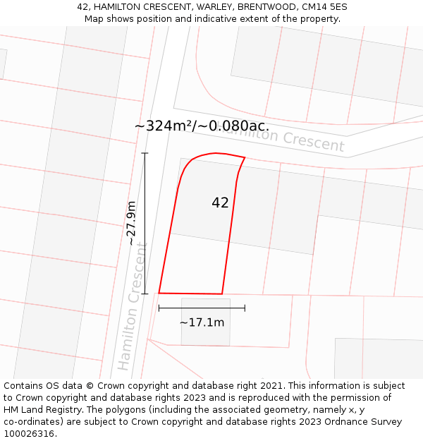 42, HAMILTON CRESCENT, WARLEY, BRENTWOOD, CM14 5ES: Plot and title map