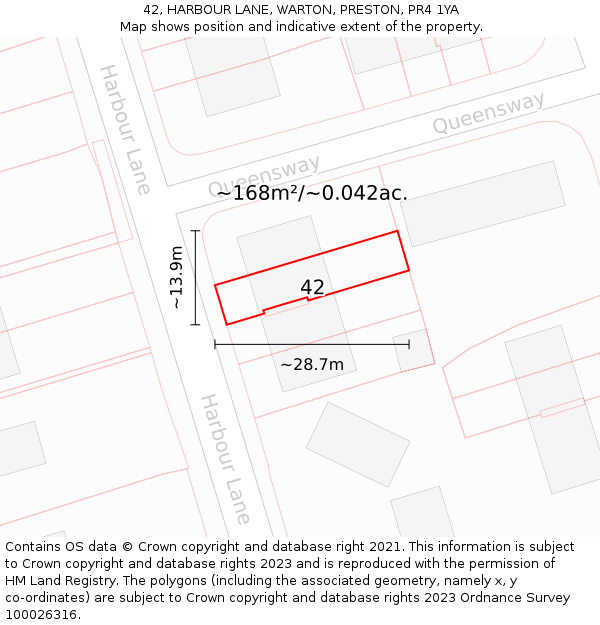 42, HARBOUR LANE, WARTON, PRESTON, PR4 1YA: Plot and title map
