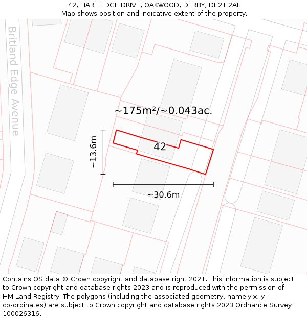 42, HARE EDGE DRIVE, OAKWOOD, DERBY, DE21 2AF: Plot and title map