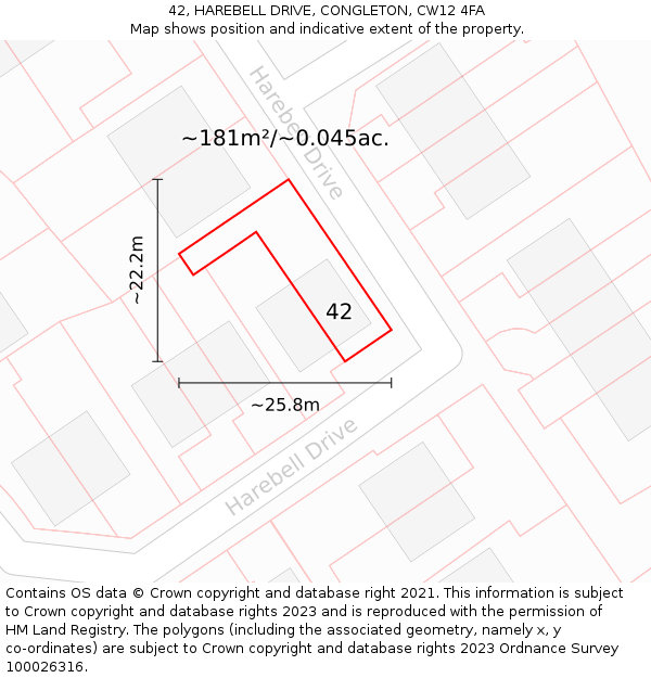 42, HAREBELL DRIVE, CONGLETON, CW12 4FA: Plot and title map