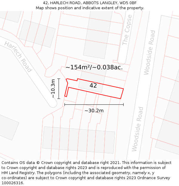 42, HARLECH ROAD, ABBOTS LANGLEY, WD5 0BF: Plot and title map