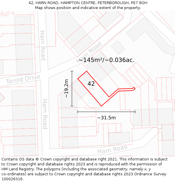 42, HARN ROAD, HAMPTON CENTRE, PETERBOROUGH, PE7 8GH: Plot and title map